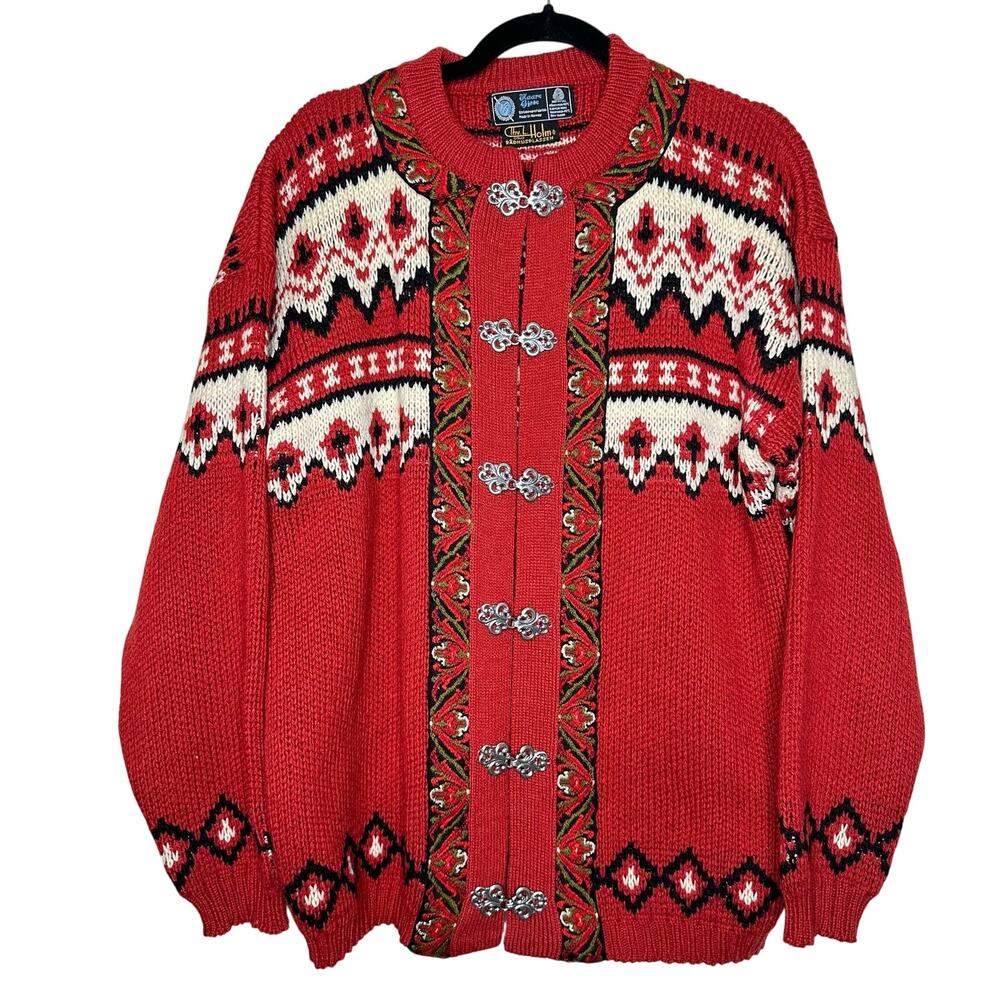 Vintage Norwegian Cardigan Sweater Nordic Fair Isle Virgin Wool Haare Size Large